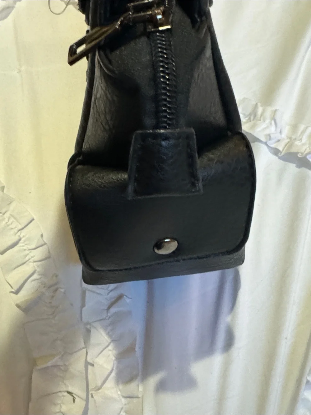 Structured Black Vegan Leather Shoulder Bag with Braided Trim